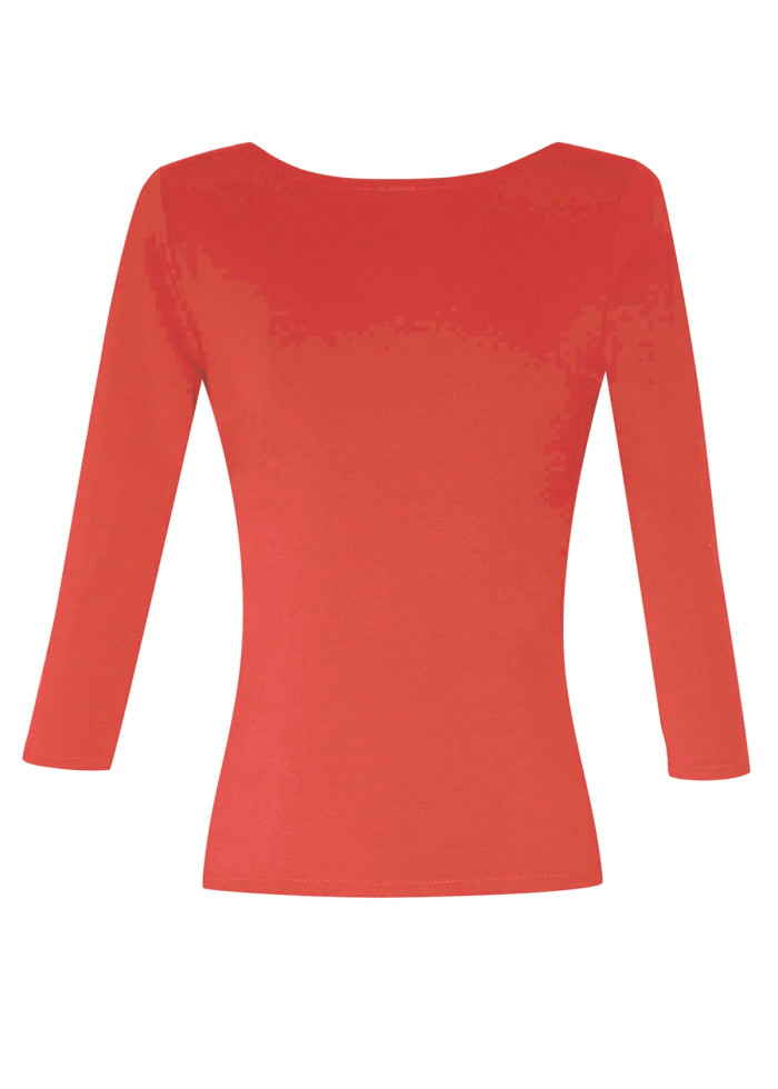 Top Lula moulant bio rouge tangerine de qualité Décolleté dos nu danseuse manches 3/4. Mode eco-responsable vegan made in France