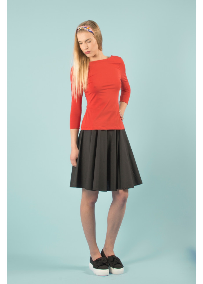 Top Lula moulant bio rouge tangerine de qualité Décolleté dos nu danseuse manches 3/4. Mode eco-responsable vegan made in France