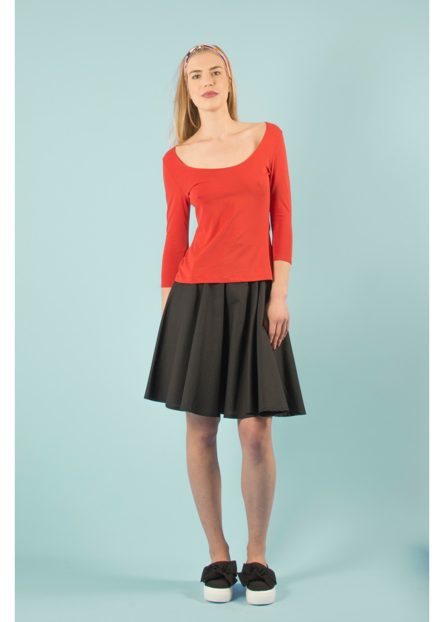 Top Lula moulant bio rouge tangerine de qualité Décolleté dos nu danseuse manches 3/4. Mode eco-responsable vegan made in France
