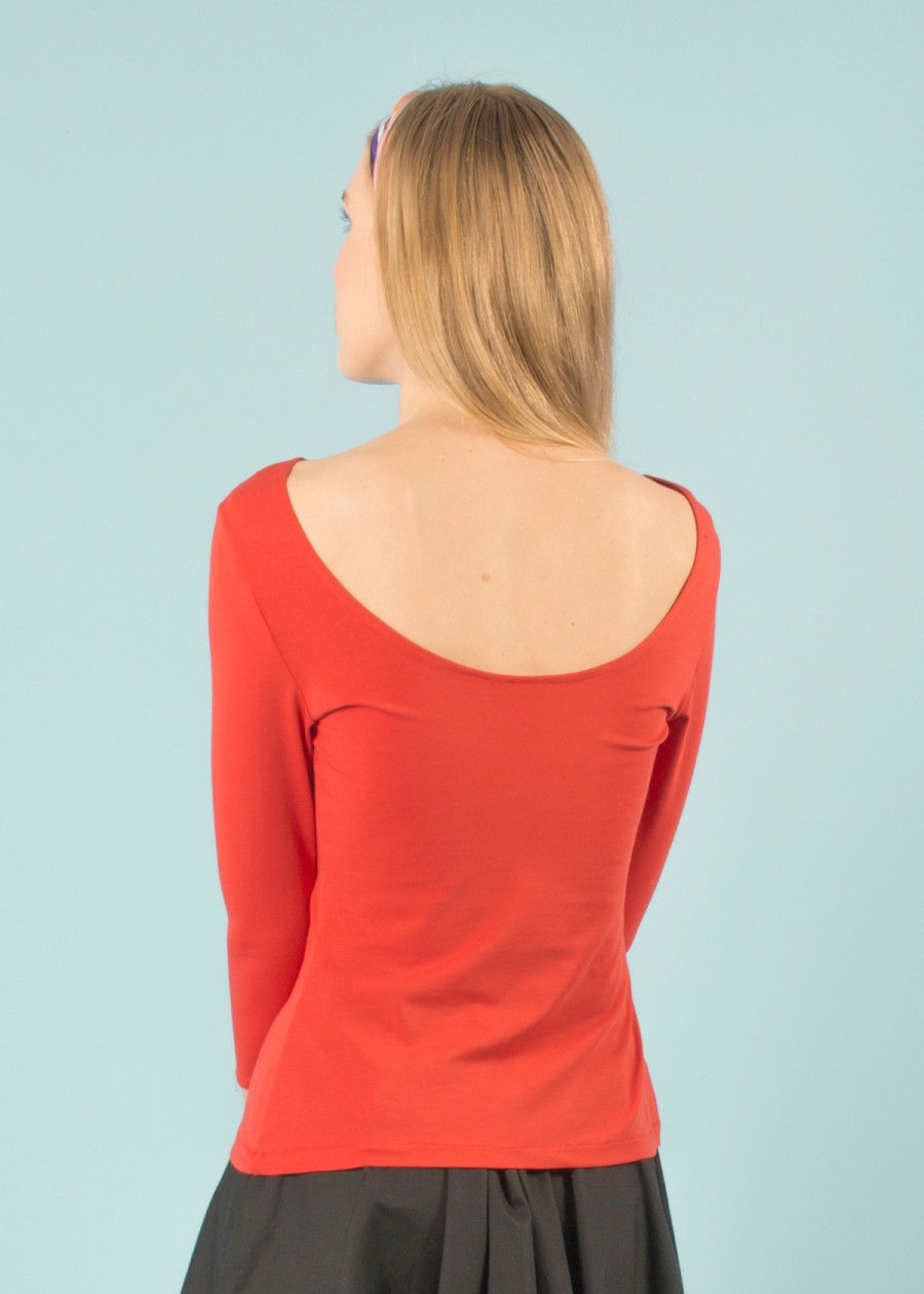Top Lula moulant bio rouge tangerine de qualité Décolleté dos nu danseuse manches 3/4. Mode eco-responsable vegan made in France