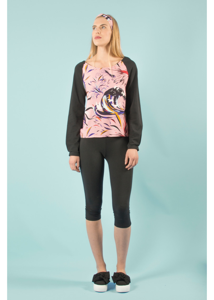 Top bio de qualité manches longues imprimé rose noir motif vague de Kanagawa et flamant rose. Mode éthique vegan made in France
