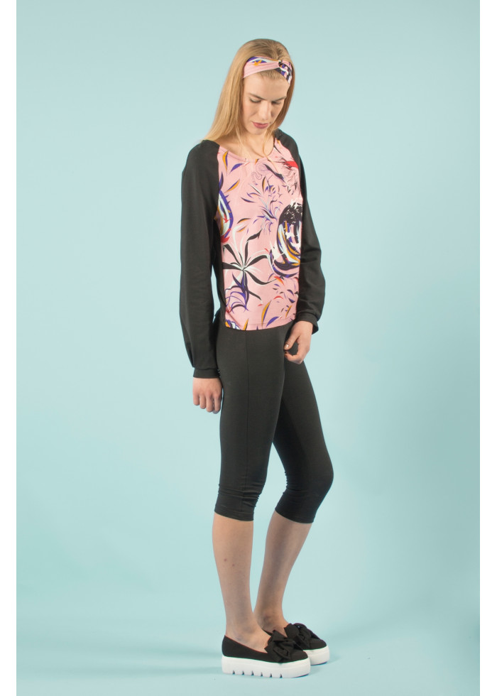 Top bio de qualité manches longues imprimé rose noir motif vague de Kanagawa et flamant rose. Mode éthique vegan made in France