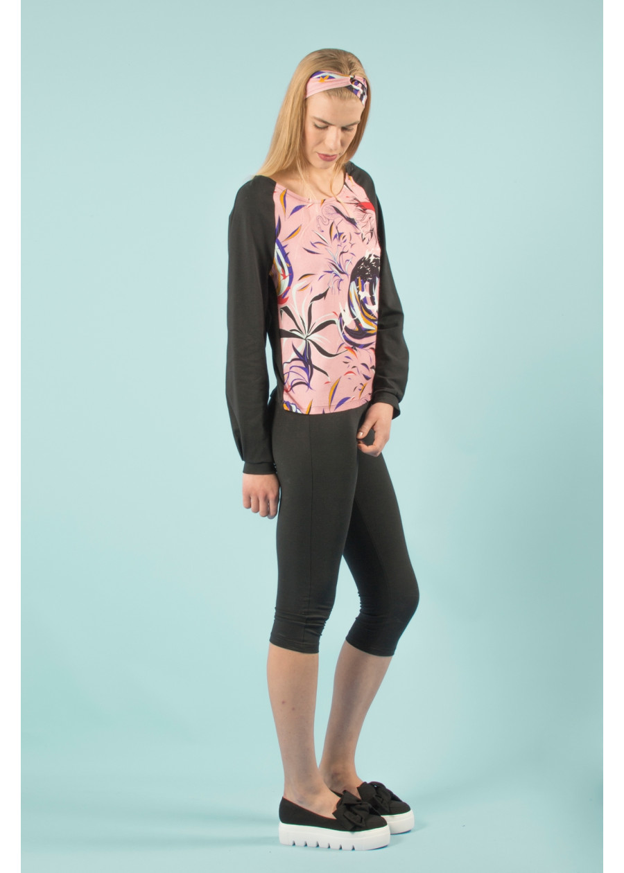Top bio de qualité manches longues imprimé rose noir motif vague de Kanagawa et flamant rose. Mode éthique vegan made in France