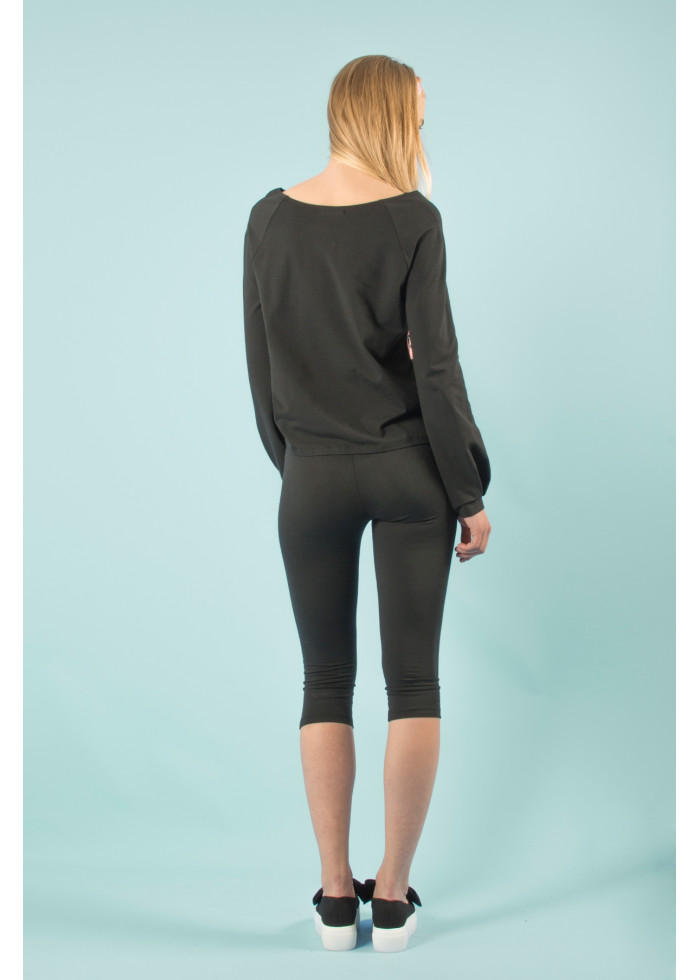 Top bio de qualité manches longues imprimé rose noir motif vague de Kanagawa et flamant rose. Mode éthique vegan made in France