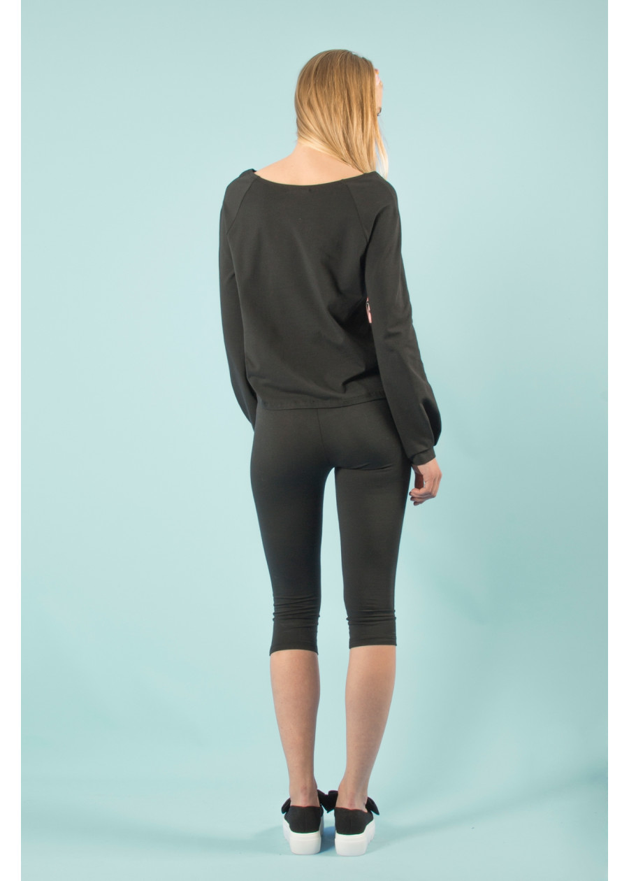 Top bio de qualité manches longues imprimé rose noir motif vague de Kanagawa et flamant rose. Mode éthique vegan made in France