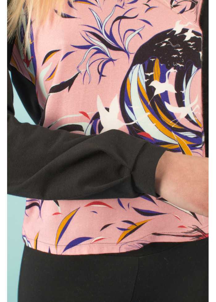 Top bio de qualité manches longues imprimé rose noir motif vague de Kanagawa et flamant rose. Mode éthique vegan made in France