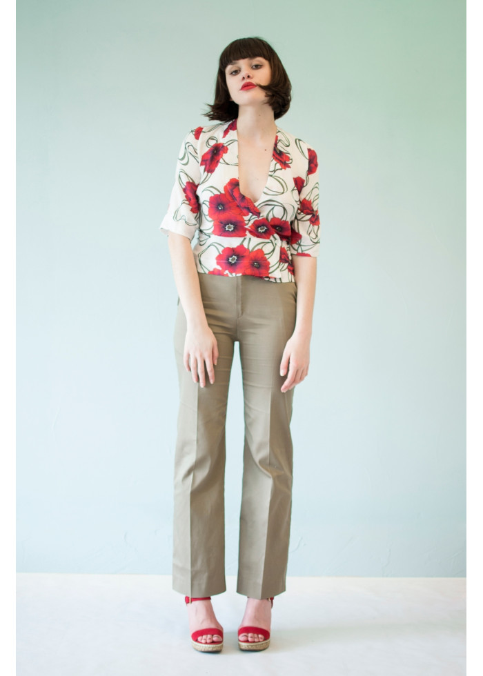 Pantalon tailleur Clara ample en satin de coton bio kaki beige