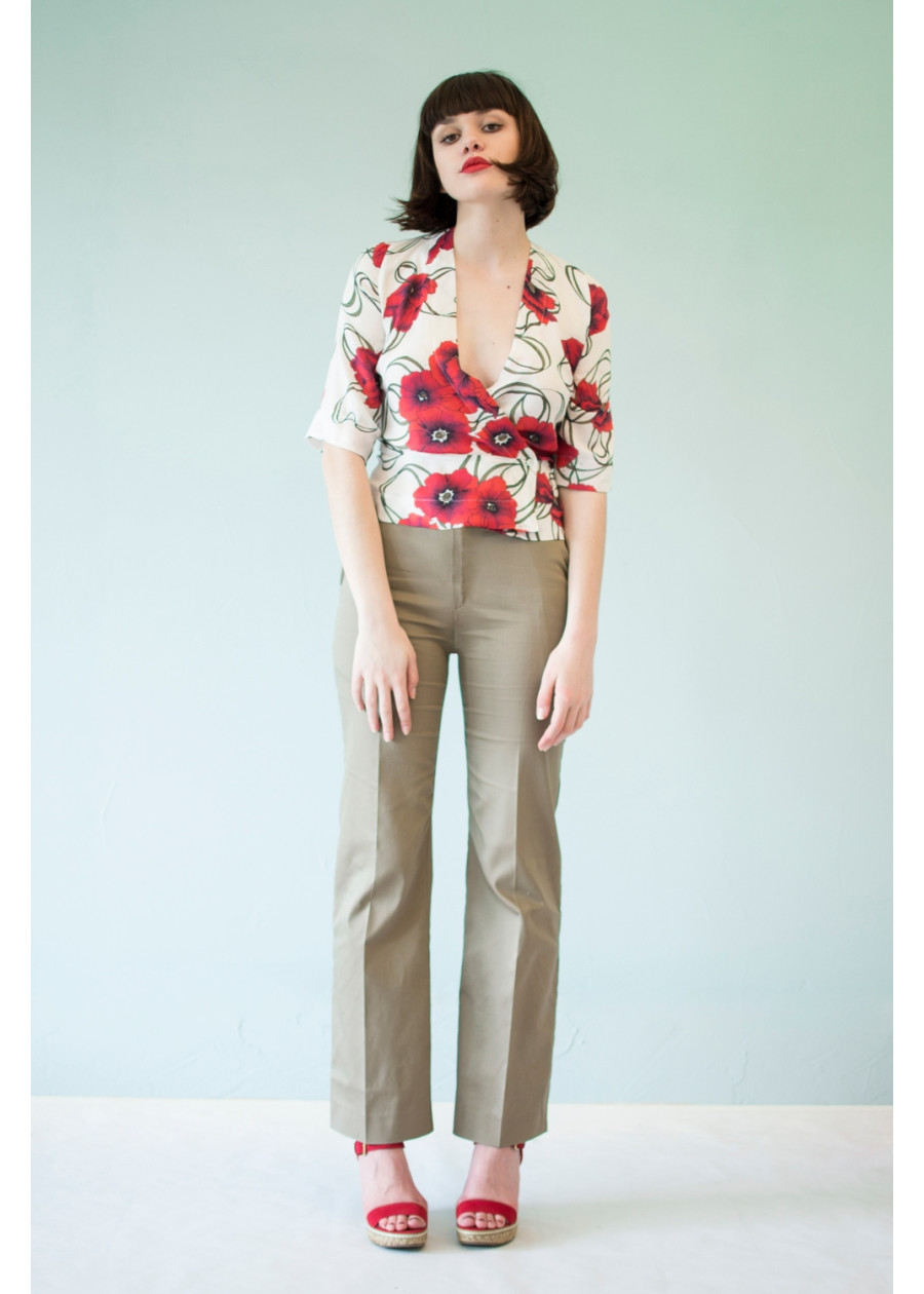 Pantalon tailleur Clara ample en satin de coton bio kaki beige