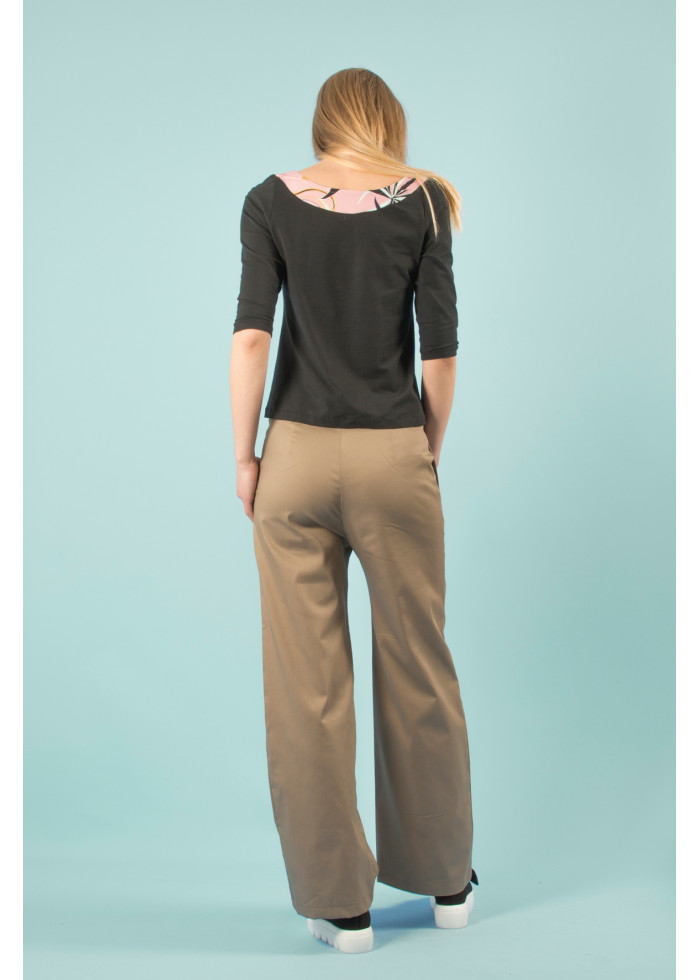 Top bio col rond imprimé rose noir de qualité, motif vague de Kanagawa d'Hokusai et flamant rose. Ethique vegan made in France