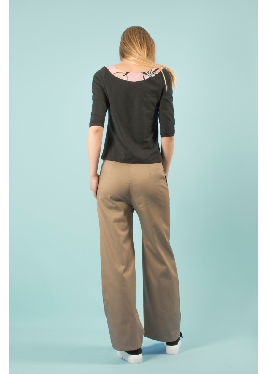 Top bio col rond imprimé rose noir de qualité, motif vague de Kanagawa d'Hokusai et flamant rose. Ethique vegan made in France