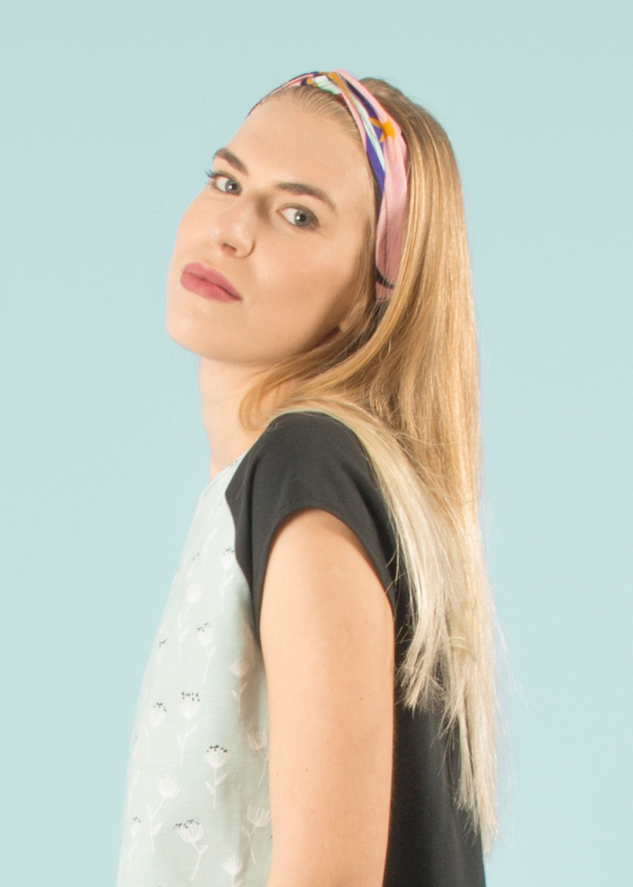 Bandeau cheveux turban bohème chic romantique de qualité. Headband extensible imprimé rose. Marque éthique vegan made in France