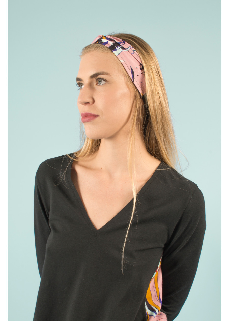 Bandeau cheveux turban bohème chic romantique de qualité. Headband extensible imprimé rose. Marque éthique vegan made in France