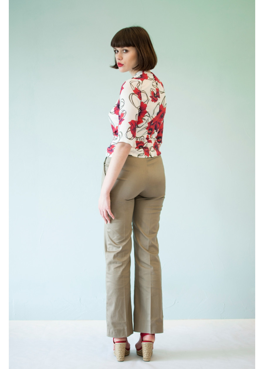 Pantalon tailleur Clara ample en satin de coton bio kaki beige