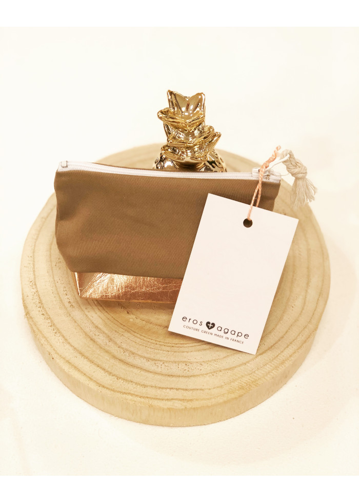 Porte-monnaie en toile et cuir vegan beige or rose fabriqué en France