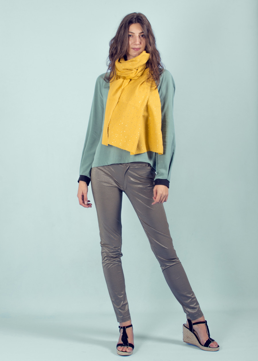 Chèche à motif doré moutarde en coton bio foulard vegan made in France