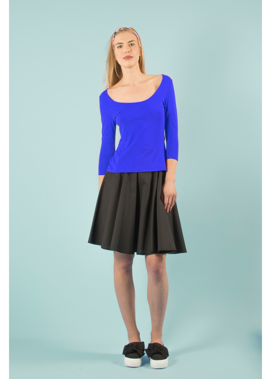 T-shirt bleu roi en coton bio de qualité. Top dos nu au décolleté danseuse made in France. Mode éthique eco-responsable vegan