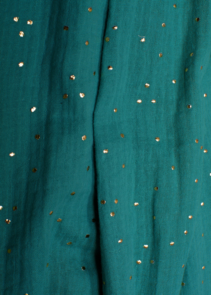 Chèche à pois doré bleu canard foulard coton bio vegan made in France