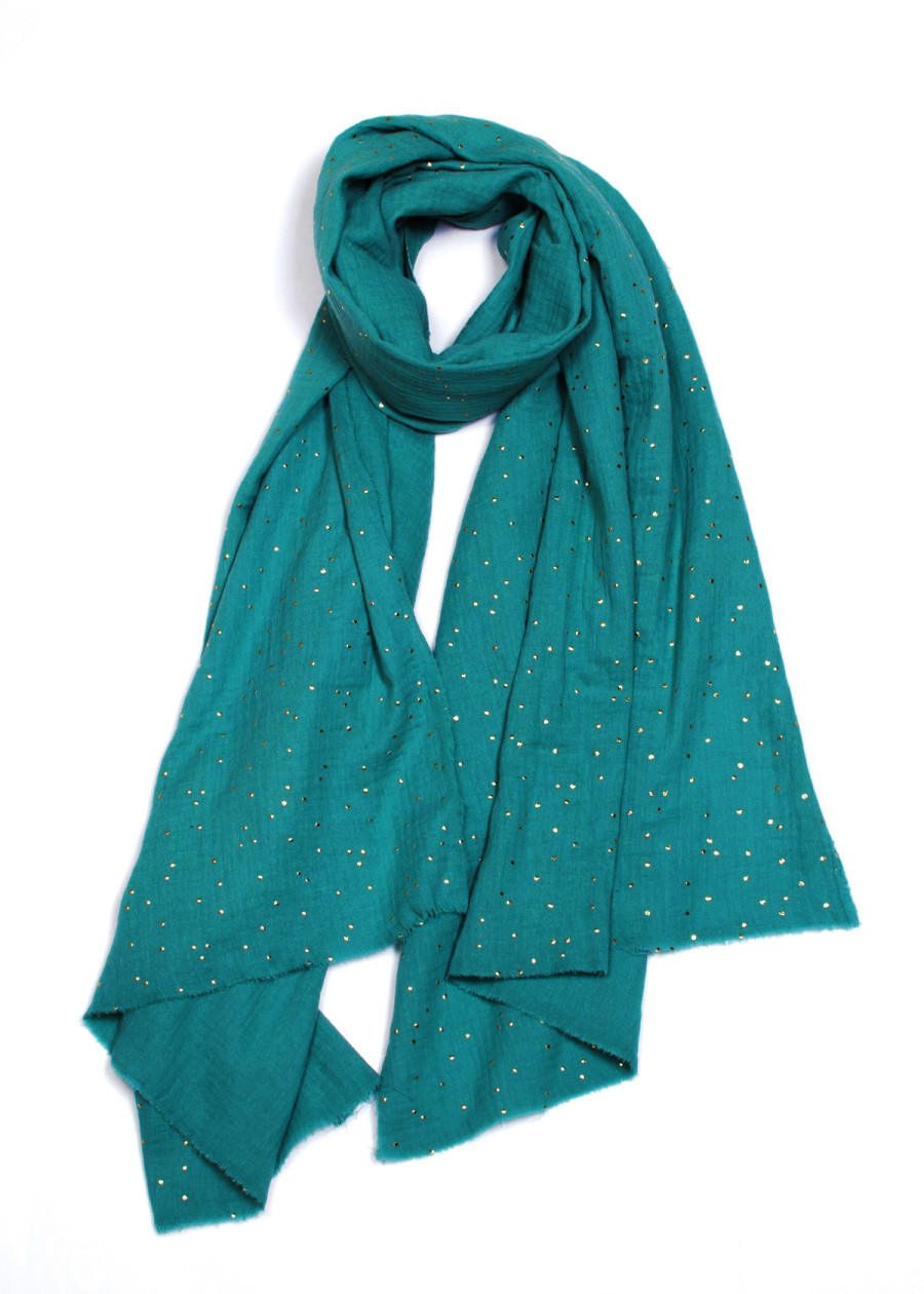 Chèche à pois doré bleu canard foulard coton bio vegan made in France