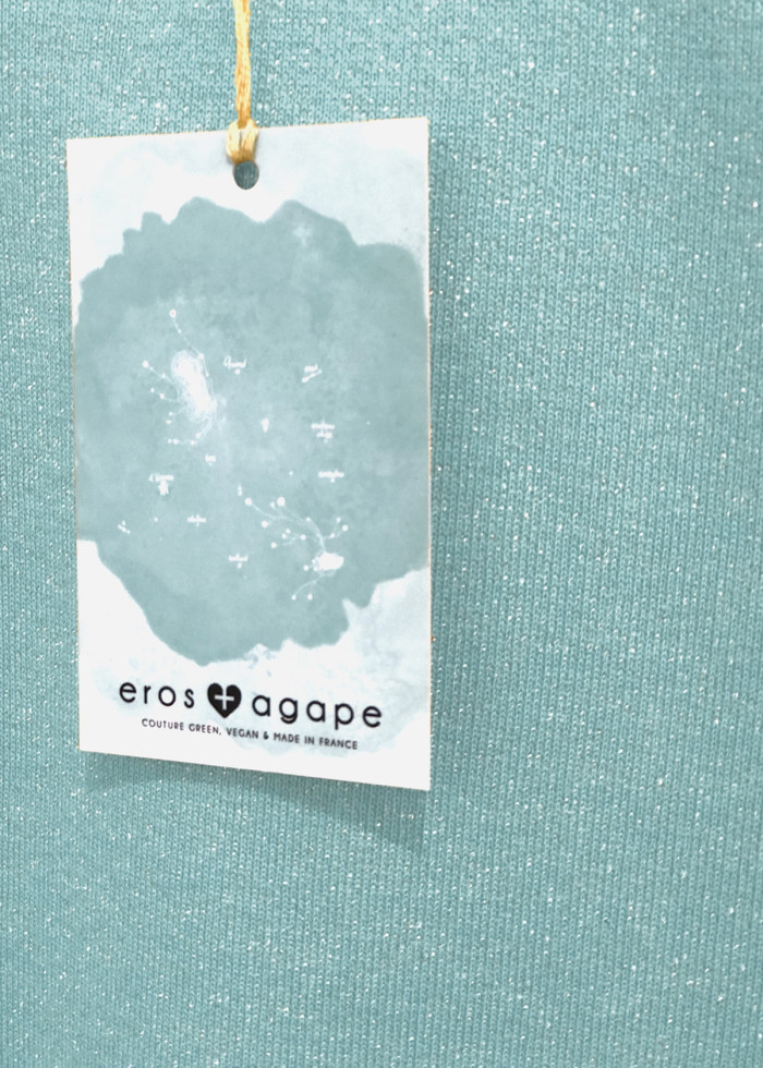 Pull vegan éco-responsable bleu glacier pailleté en coton bio made in France