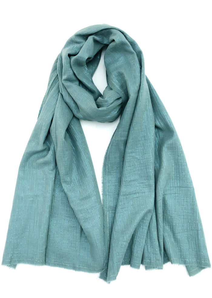 Chèche brume à rayures brillantes turquoise lurex en coton certifié Oeko-Tex foulard vegan made in France
