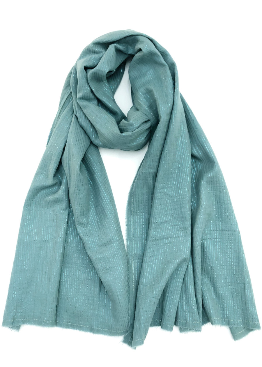 Chèche brume à rayures brillantes turquoise lurex en coton certifié Oeko-Tex foulard vegan made in France