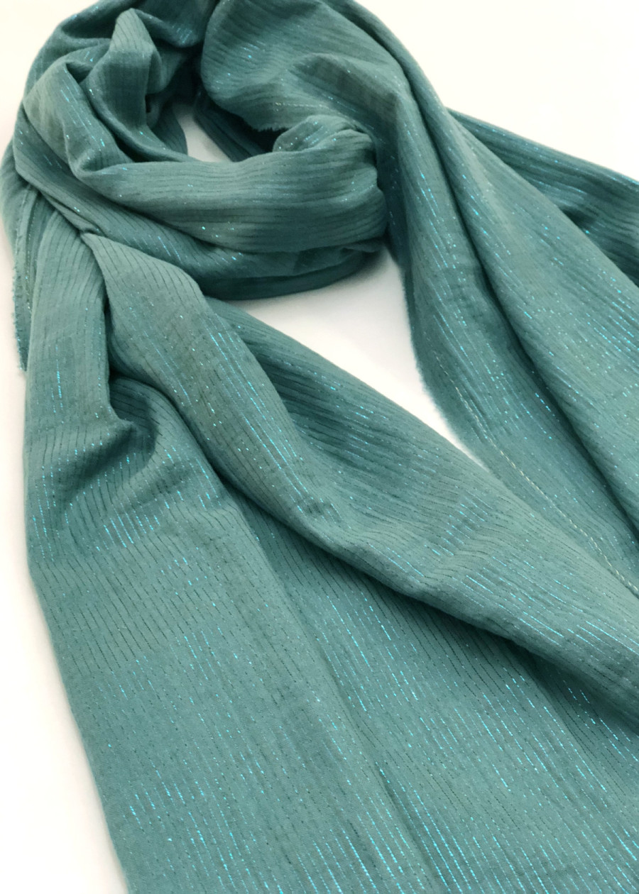 Chèche brume à rayures brillantes turquoise lurex en coton certifié Oeko-Tex foulard vegan made in France
