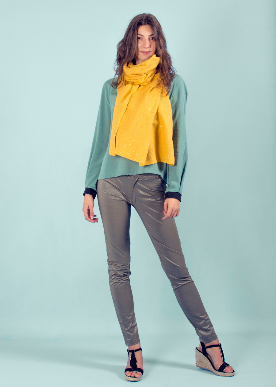 Chèche brume à rayures brillantes turquoise lurex en coton certifié Oeko-Tex foulard vegan made in France