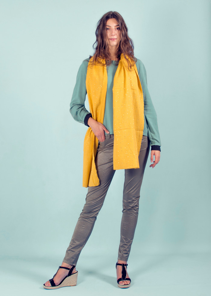 Chèche brume à rayures brillantes turquoise lurex en coton certifié Oeko-Tex foulard vegan made in France