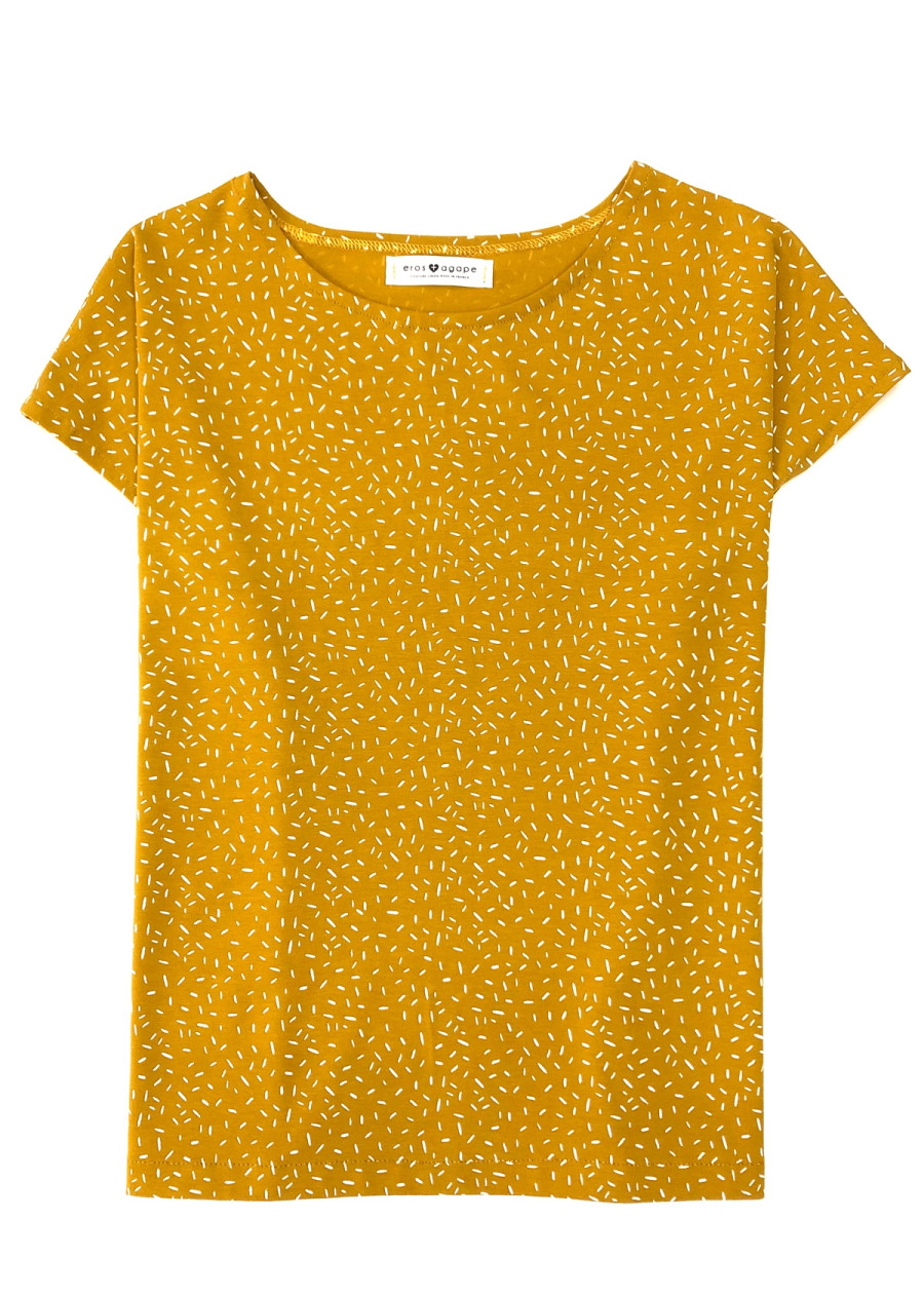 Top responsable en coton bio vegan jaune moutarde à motif confetti fabriqué en France