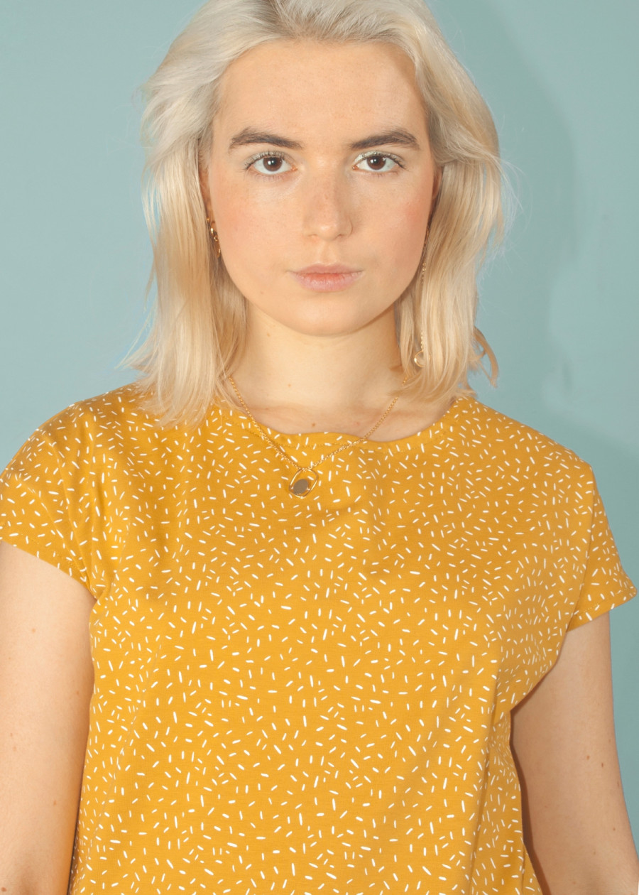 Top responsable en coton bio vegan jaune moutarde à motif confetti fabriqué en France