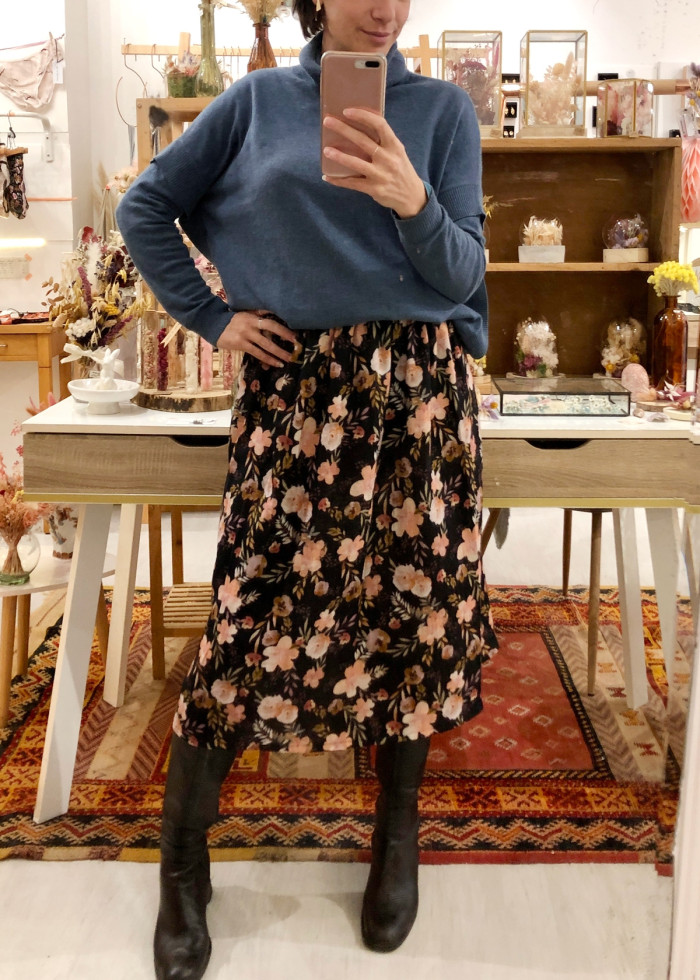 Jupe midi en coton bio GOTS Bohème imprimé motif floral made in France - marque responsable et vegan