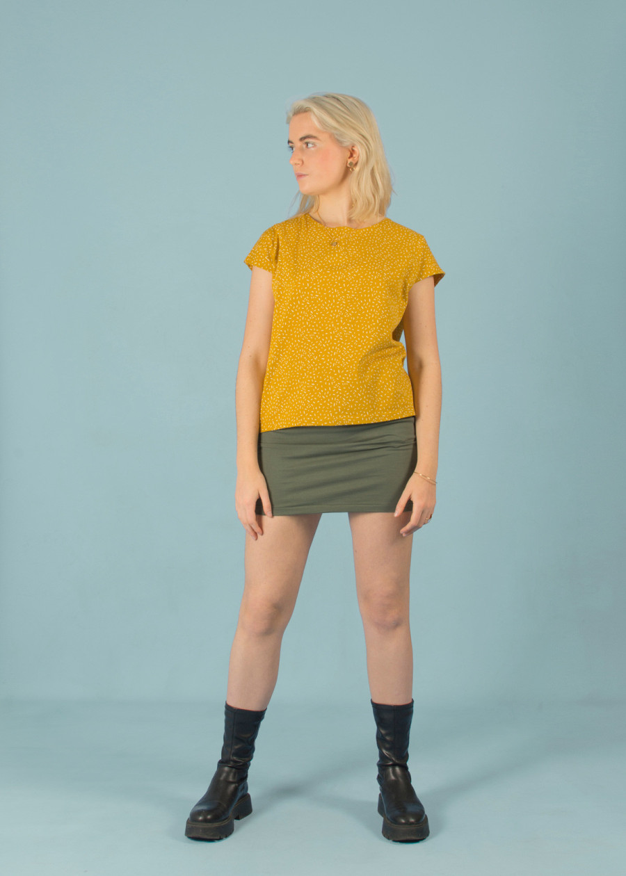 Top responsable en coton bio vegan jaune moutarde à motif confetti fabriqué en France