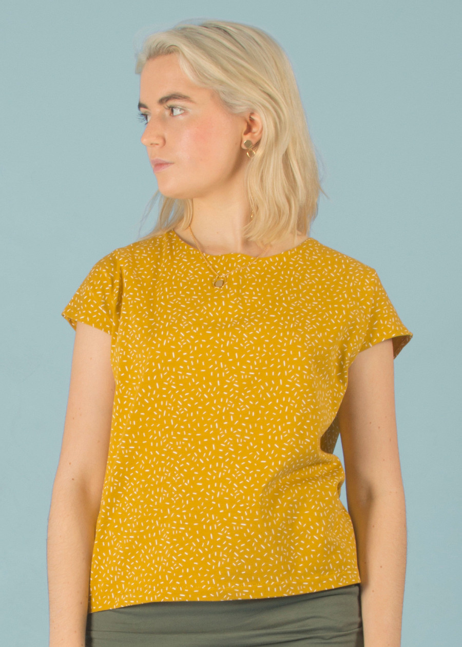 Top responsable en coton bio vegan jaune moutarde à motif confetti fabriqué en France