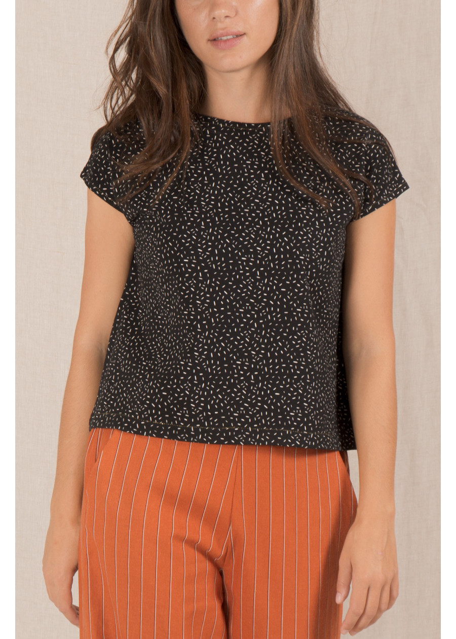 Top éco-responsable en coton bio fabriqué en france, matière naturelle vegan à motif confetti noir et blanc