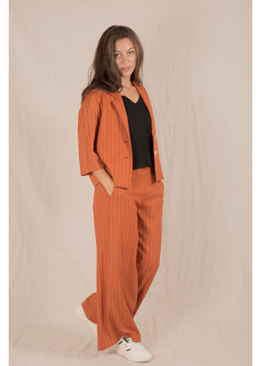 Veste blazer court en lin à rayures femme terracotta. Travail ou mariage. Marque responsable fabrication artisanale française