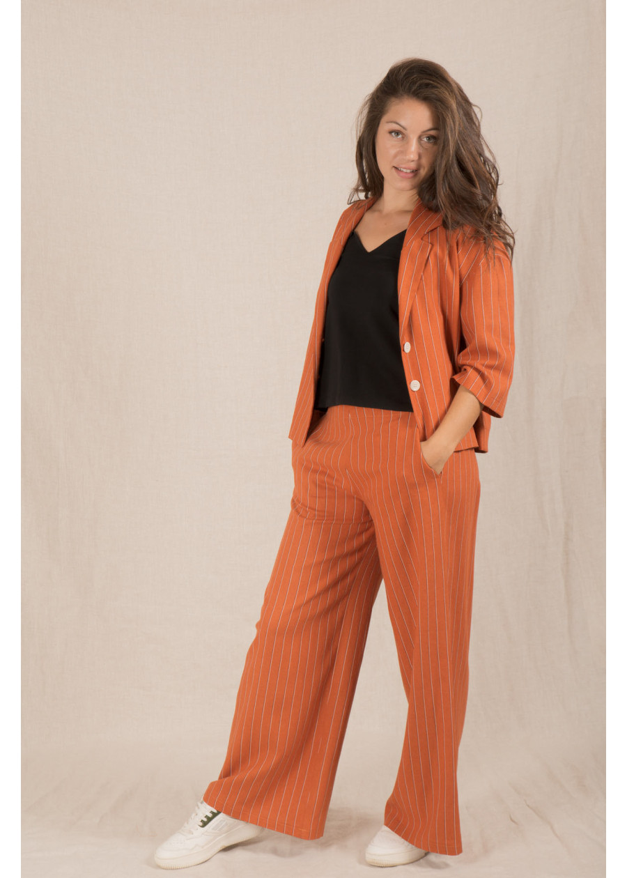 Veste blazer court en lin à rayures femme terracotta. Travail ou mariage. Marque responsable fabrication artisanale française