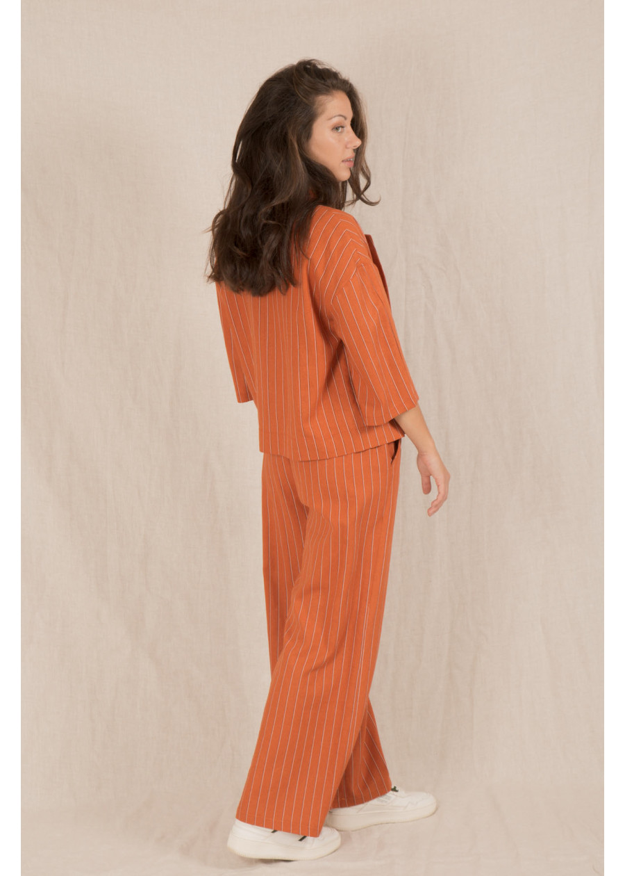 Veste blazer court en lin à rayures femme terracotta. Travail ou mariage. Marque responsable fabrication artisanale française