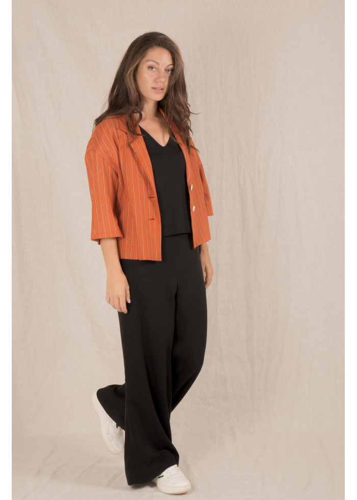 Veste blazer court en lin à rayures femme terracotta. Travail ou mariage. Marque responsable fabrication artisanale française