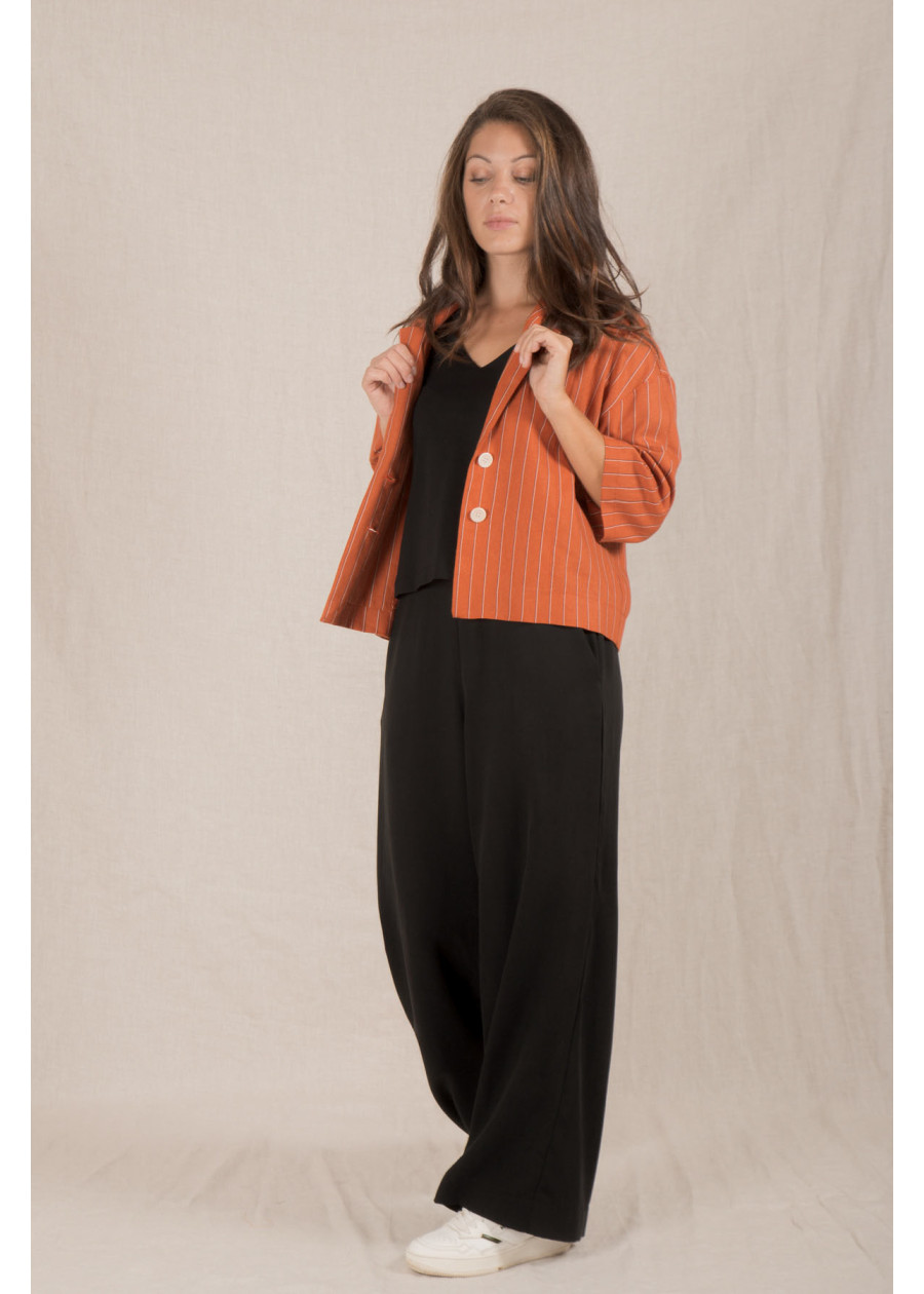 Veste blazer court en lin à rayures femme terracotta. Travail ou mariage. Marque responsable fabrication artisanale française