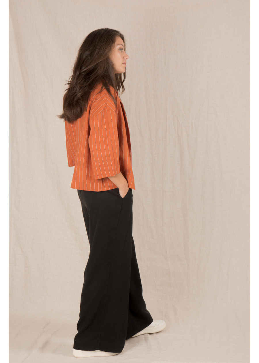 Veste blazer court en lin à rayures femme terracotta. Travail ou mariage. Marque responsable fabrication artisanale française