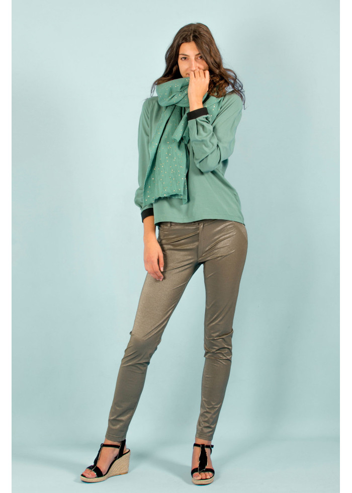 Chèche vert brume à pois en coton certifié Oeko-Tex foulard vegan made in France - Marque éthique éco-responsable pour femme