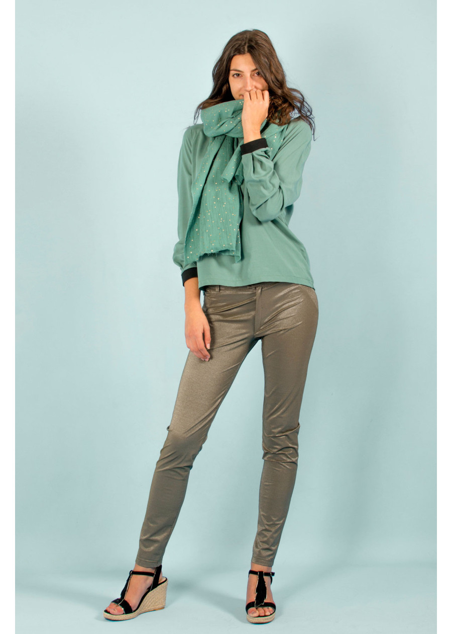 Chèche vert brume à pois en coton certifié Oeko-Tex foulard vegan made in France - Marque éthique éco-responsable pour femme