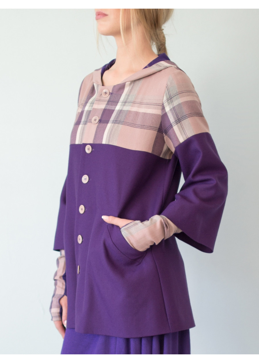 Manteau à Capuche Victoria en pure laine à carreaux rose et violet