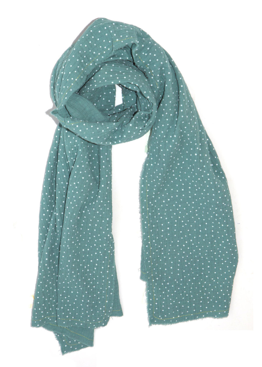 Chèche vert brume à pois en coton certifié Oeko-Tex foulard vegan made in France - Marque éthique éco-responsable pour femme