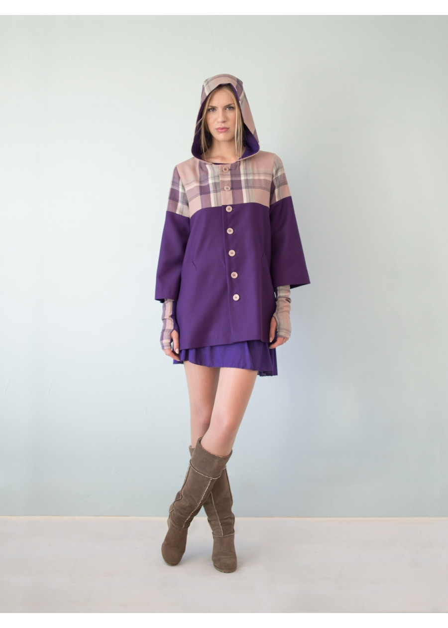Manteau à Capuche Victoria en pure laine à carreaux rose et violet