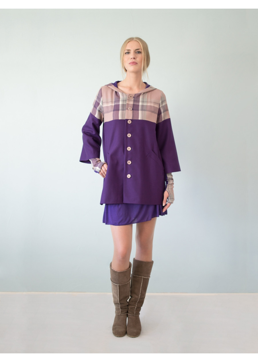 Manteau à Capuche Victoria en pure laine à carreaux rose et violet