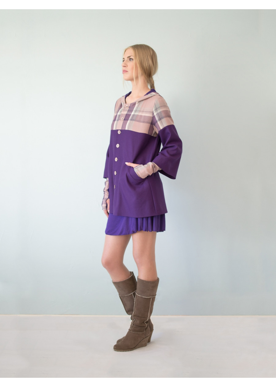 Manteau à Capuche Victoria en pure laine à carreaux rose et violet