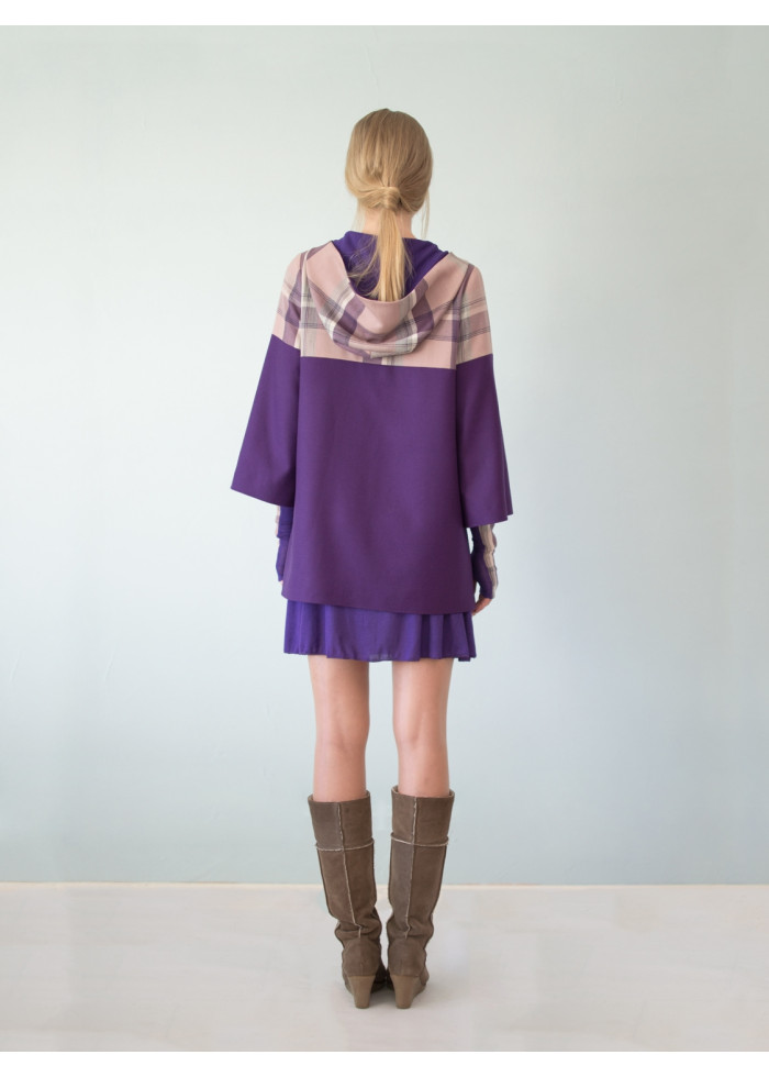 Manteau à Capuche Victoria en pure laine à carreaux rose et violet