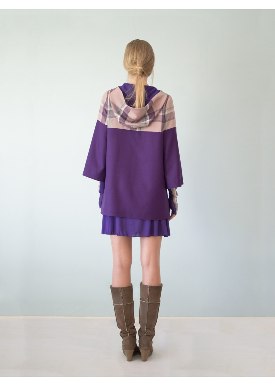 Manteau à Capuche Victoria en pure laine à carreaux rose et violet