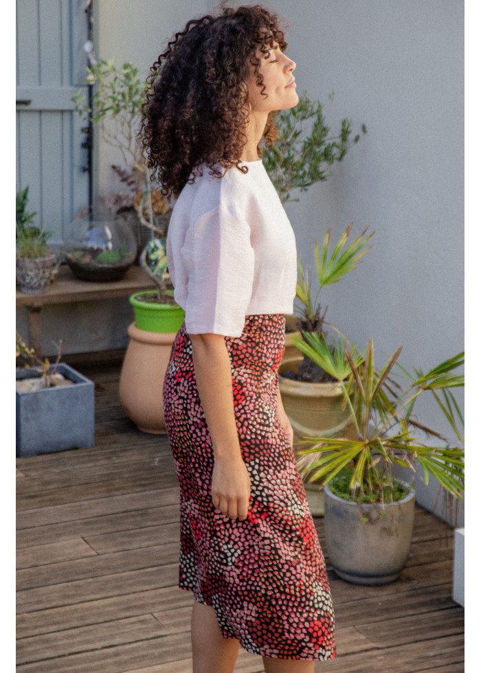 Blouse femme fluide chic et originale en lin rose écologique de qualité. Tenue invité mariage champêtre fabriqué en France